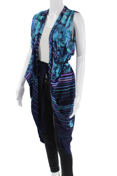 Cole of California Womens Floral Tied Sleeveless Cover-Up Blouse Blue Size M