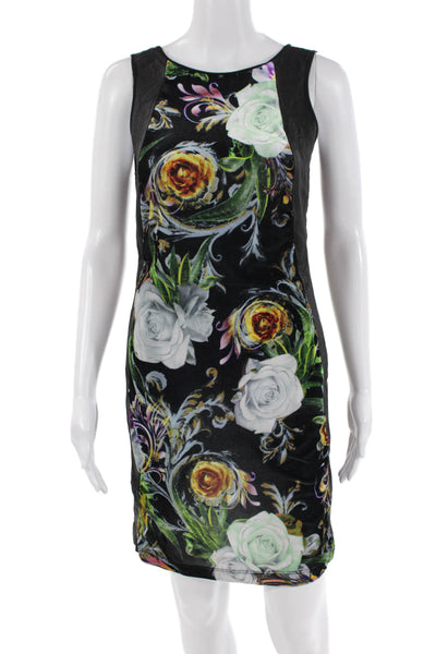 Clover Canyon Womens Faux Leather Floral Print Body Con Dress Black Size Medium