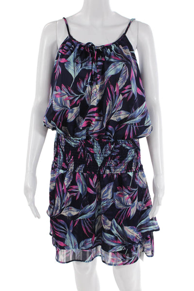 Veronica M Womens Floral Print Smocked A Line Dress Navy Blue Pink Size Small