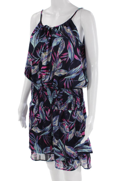 Veronica M Womens Floral Print Smocked A Line Dress Navy Blue Pink Size Small