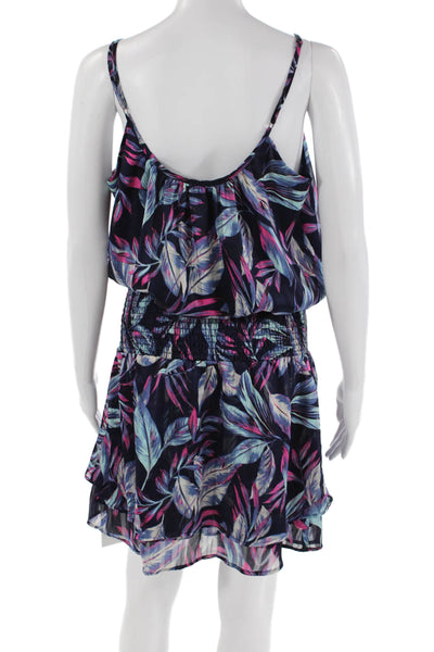 Veronica M Womens Floral Print Smocked A Line Dress Navy Blue Pink Size Small