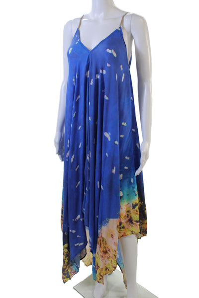 Koch Womens V-Neck Spahetti Straps Asymmetrical Hem Multicolor Midi Dress Size S