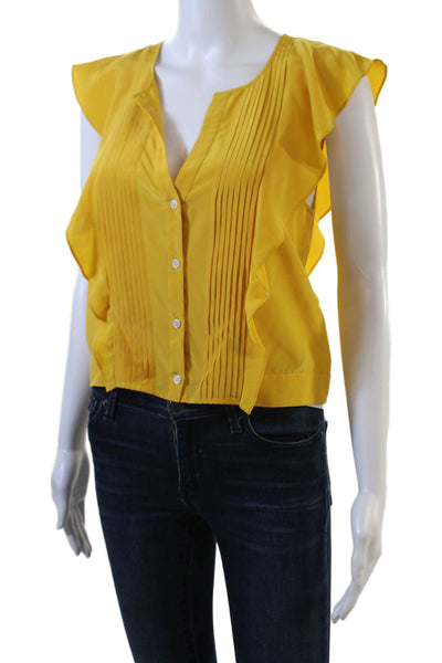 Marissa Webb Women's V-Neck Sleevelesss Pleated Ruffle Blouse Yellow Size S