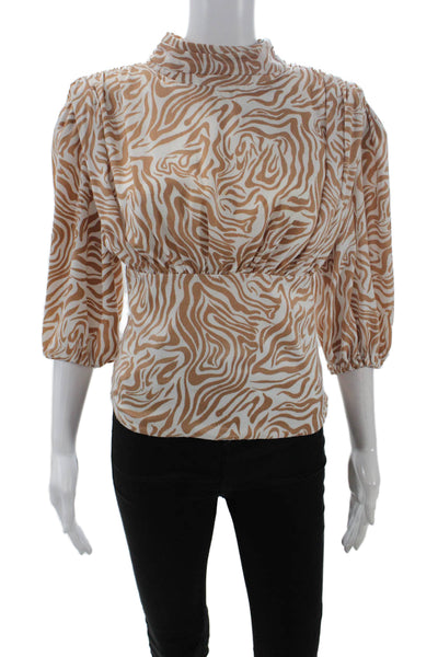 Song Of Style Womens 3/4 Sleeve Mock Neck Abstract Blouse White Brown Size XS