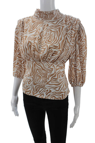 Song Of Style Womens 3/4 Sleeve Mock Neck Abstract Blouse White Brown Size XS