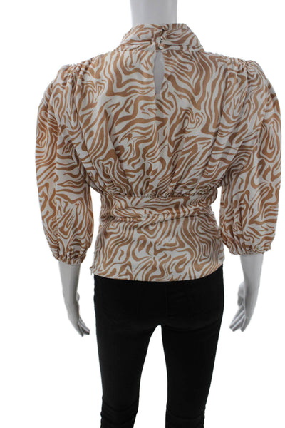 Song Of Style Womens 3/4 Sleeve Mock Neck Abstract Blouse White Brown Size XS