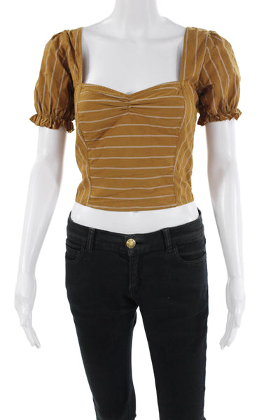 Free People Womens Cotton Striped Short Sleeve Cropped Blouse Yellow Size S