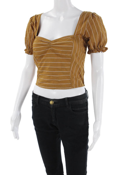 Free People Womens Cotton Striped Short Sleeve Cropped Blouse Yellow Size S