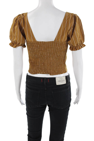 Free People Womens Cotton Striped Short Sleeve Cropped Blouse Yellow Size S