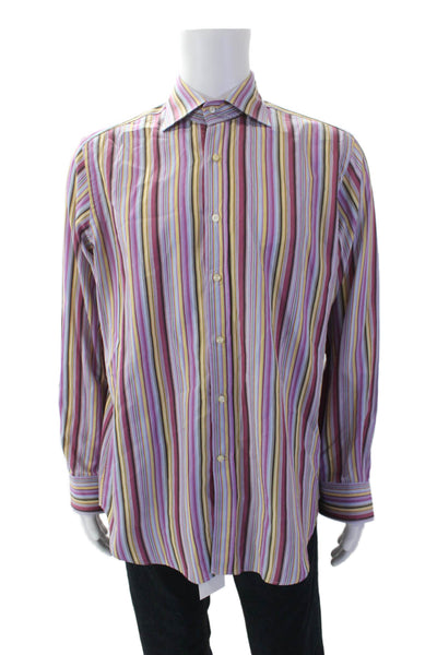 Etro Mens Striped Button Down Dress Shirt Pink Multi Colored Cotton Size 41