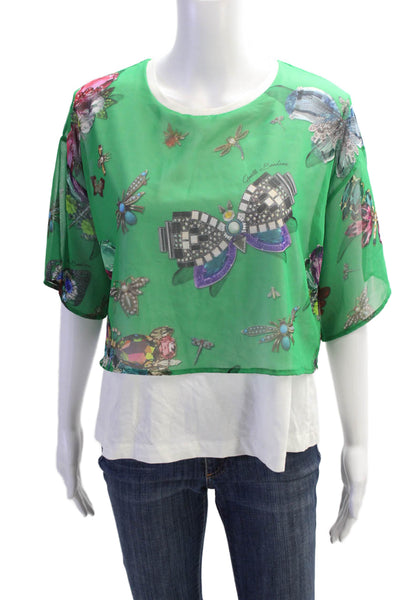 Gaelle Bonheur Paris Womens Geometric Layered Short Sleeve Blouse Green Size M
