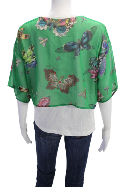 Gaelle Bonheur Paris Womens Geometric Layered Short Sleeve Blouse Green Size M