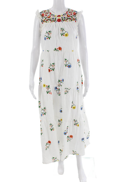 Zara Womens Cotton Floral Print Sleeveless Tiered Flare Dress White Size XS