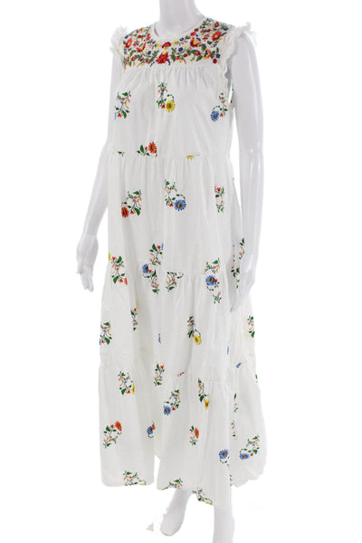 Zara Womens Cotton Floral Print Sleeveless Tiered Flare Dress White Size XS