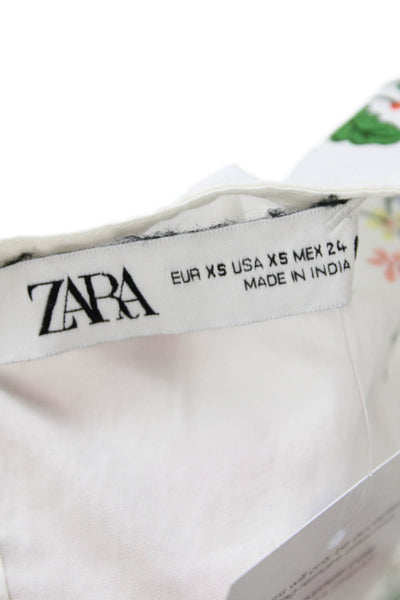Zara Womens Cotton Floral Print Sleeveless Tiered Flare Dress White Size XS