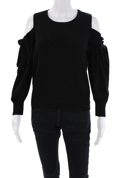 Mango Womens Knit Ribbed Ruffle Long Sleeve Cold Shoulder Sweater Black Size S