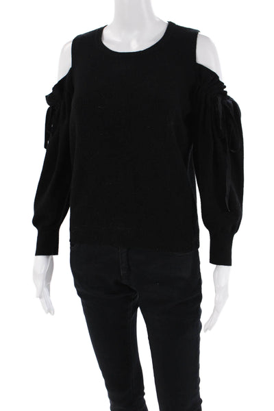 Mango Womens Knit Ribbed Ruffle Long Sleeve Cold Shoulder Sweater Black Size S