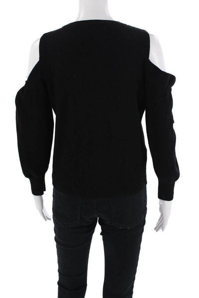Mango Womens Knit Ribbed Ruffle Long Sleeve Cold Shoulder Sweater Black Size S