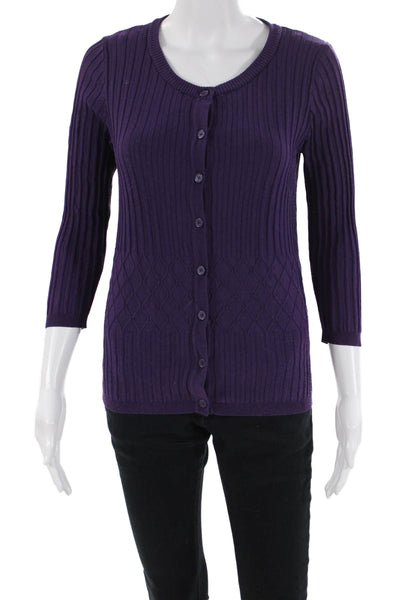 Joseph A Womens Ribbed Round Neck Button Up Cardigan Sweater Purple SIze M