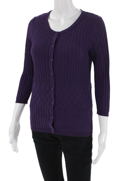 Joseph A Womens Ribbed Round Neck Button Up Cardigan Sweater Purple SIze M