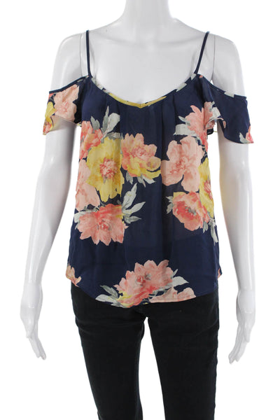 Joie Womens Cold Shoulder V Neck Floral Silk Blouse Navy Multi Size 2XS
