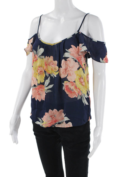Joie Womens Cold Shoulder V Neck Floral Silk Blouse Navy Multi Size 2XS