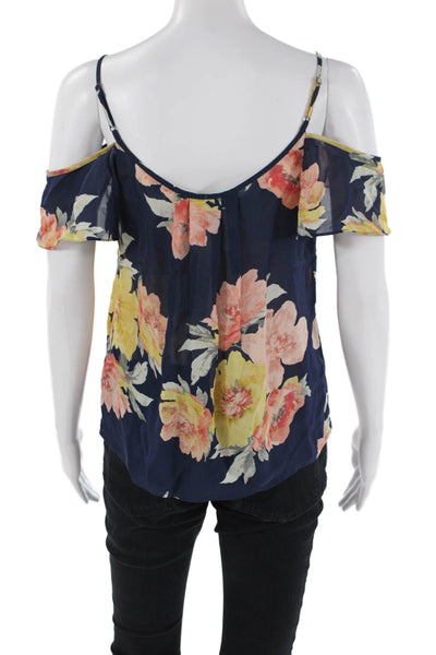 Joie Womens Cold Shoulder V Neck Floral Silk Blouse Navy Multi Size 2XS
