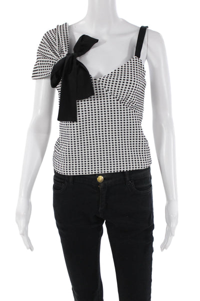 Club Monaco Womens Sleeveless One Shoulder Check Knit Top White Black Small