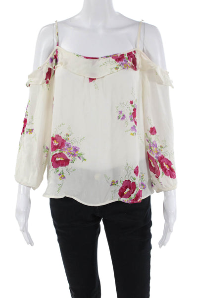 Joie Womens 3/4 Sleeve Cold Shoulder Floral Silk Top White Size 2XS