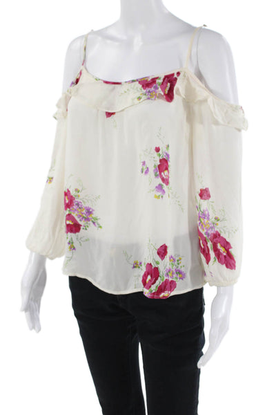 Joie Womens 3/4 Sleeve Cold Shoulder Floral Silk Top White Size 2XS
