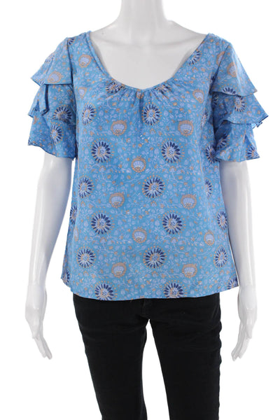 Club Monaco Womens Short Sleeve Ruffled Floral Silk Top Blue Size XS