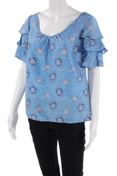 Club Monaco Womens Short Sleeve Ruffled Floral Silk Top Blue Size XS