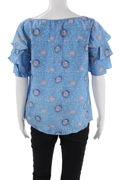 Club Monaco Womens Short Sleeve Ruffled Floral Silk Top Blue Size XS