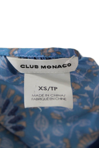 Club Monaco Womens Short Sleeve Ruffled Floral Silk Top Blue Size XS