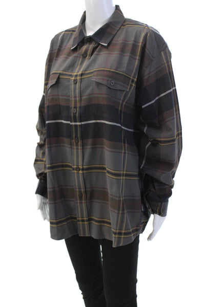 Patagonia Womens Cotton Collared Plaid Pocketed Button Down Shirt Brown Size L