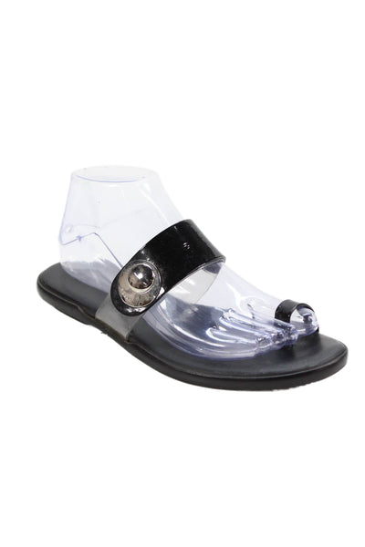 Hogan Womens Patent Leather Silver Tone Toe Ring Slide On Sandals Black Size 8