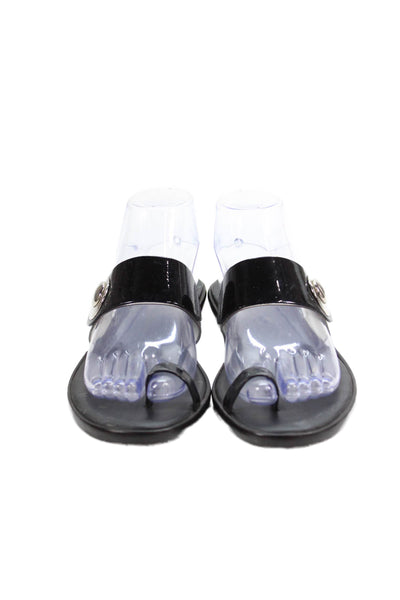 Hogan Womens Patent Leather Silver Tone Toe Ring Slide On Sandals Black Size 8
