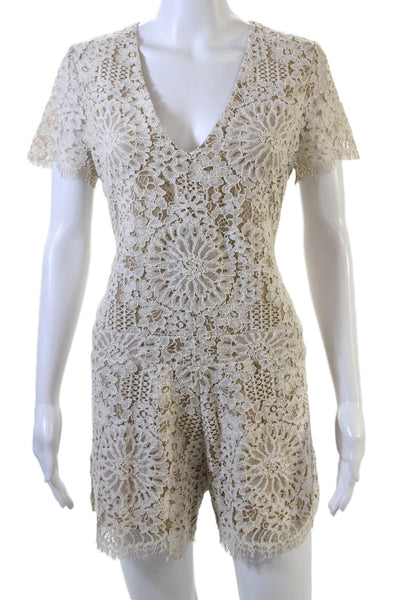 Alexis Womens Lace V Neck Short Sleeves Romper Beige White Cotton Size Medium