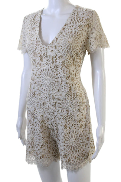 Alexis Womens Lace V Neck Short Sleeves Romper Beige White Cotton Size Medium