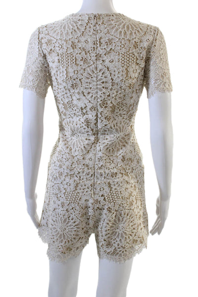 Alexis Womens Lace V Neck Short Sleeves Romper Beige White Cotton Size Medium