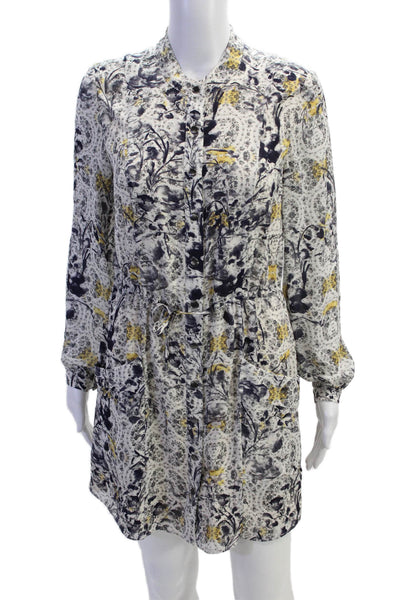 Haute Hippie Womens Long Sleeve Crew Neck Floral Silk Dress White Navy Small