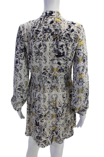 Haute Hippie Womens Long Sleeve Crew Neck Floral Silk Dress White Navy Small