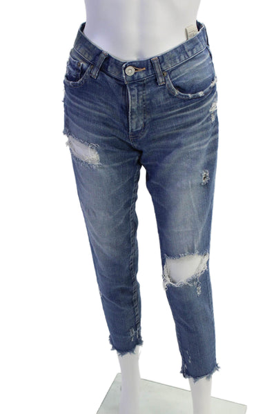 Moussy Womens Zipper Fly High Rise Distressed Fringe Jeans Blue Size 28