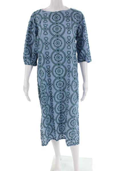 Zara Woman Womens Floral Embroidered 3/4 Sleeve Button Up Maxi Dress Blue Size M
