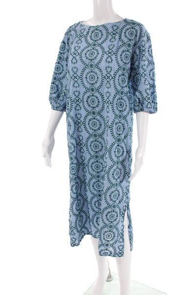 Zara Woman Womens Floral Embroidered 3/4 Sleeve Button Up Maxi Dress Blue Size M
