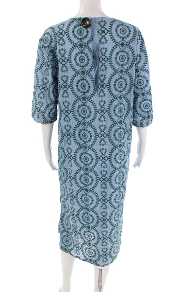 Zara Woman Womens Floral Embroidered 3/4 Sleeve Button Up Maxi Dress Blue Size M