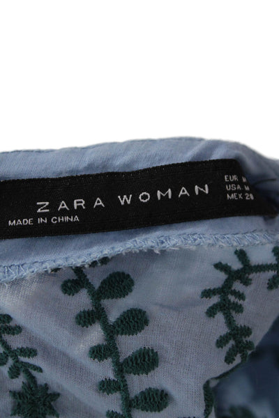 Zara Woman Womens Floral Embroidered 3/4 Sleeve Button Up Maxi Dress Blue Size M