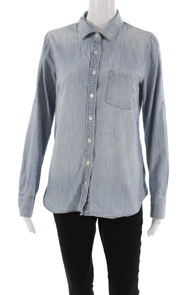 J Crew Womens Cotton Denim Collared Long Sleeve Button Up Blouse Top Blue Size S
