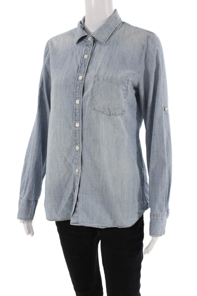 J Crew Womens Cotton Denim Collared Long Sleeve Button Up Blouse Top Blue Size S