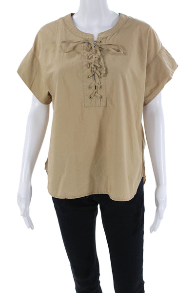 J Crew Womens Short Sleeves Lace Up Neck Blouse Camel Beige Cotton Size 8